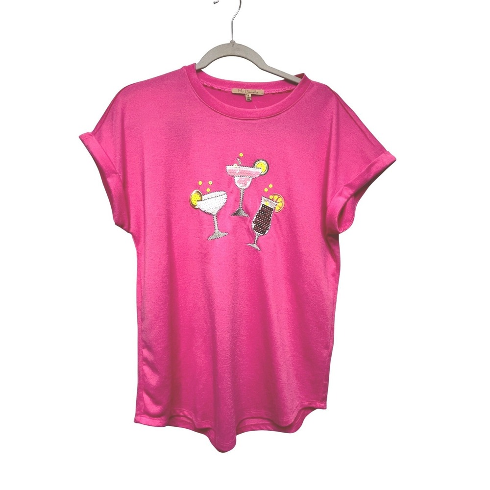 My Danielle Hot Pink Sequin Cocktail Graphic T-Shirt Small Coastal Grandma